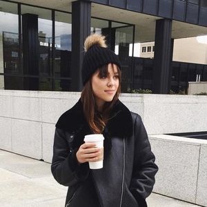 Black & Natural Pompom Fur Beanie